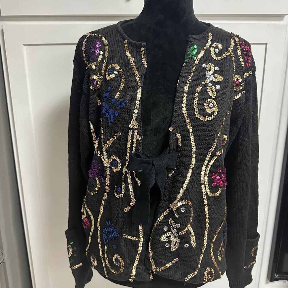 Vintage Joule Women's Beaded Sweater Size M Black Beads Colorful